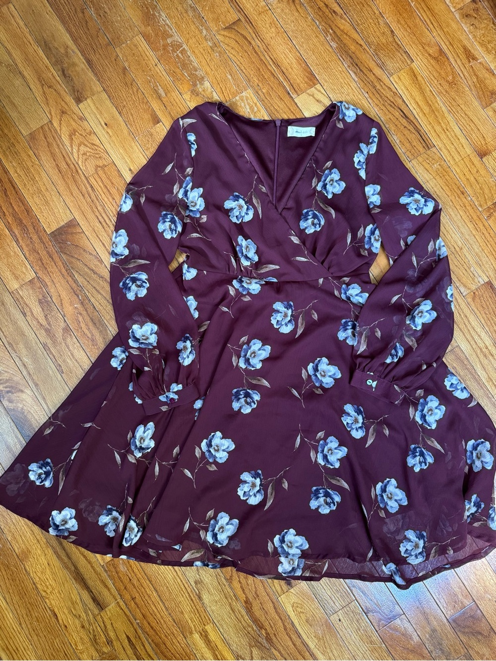 Altar'd State Wine Burgundy Floral Long Sleeve Dress with Blue Flowers